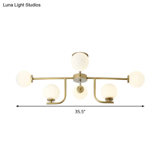 Modern White Glass Semi Flush Mount Ceiling Fixture With Gold Accents - 6 Bulbs