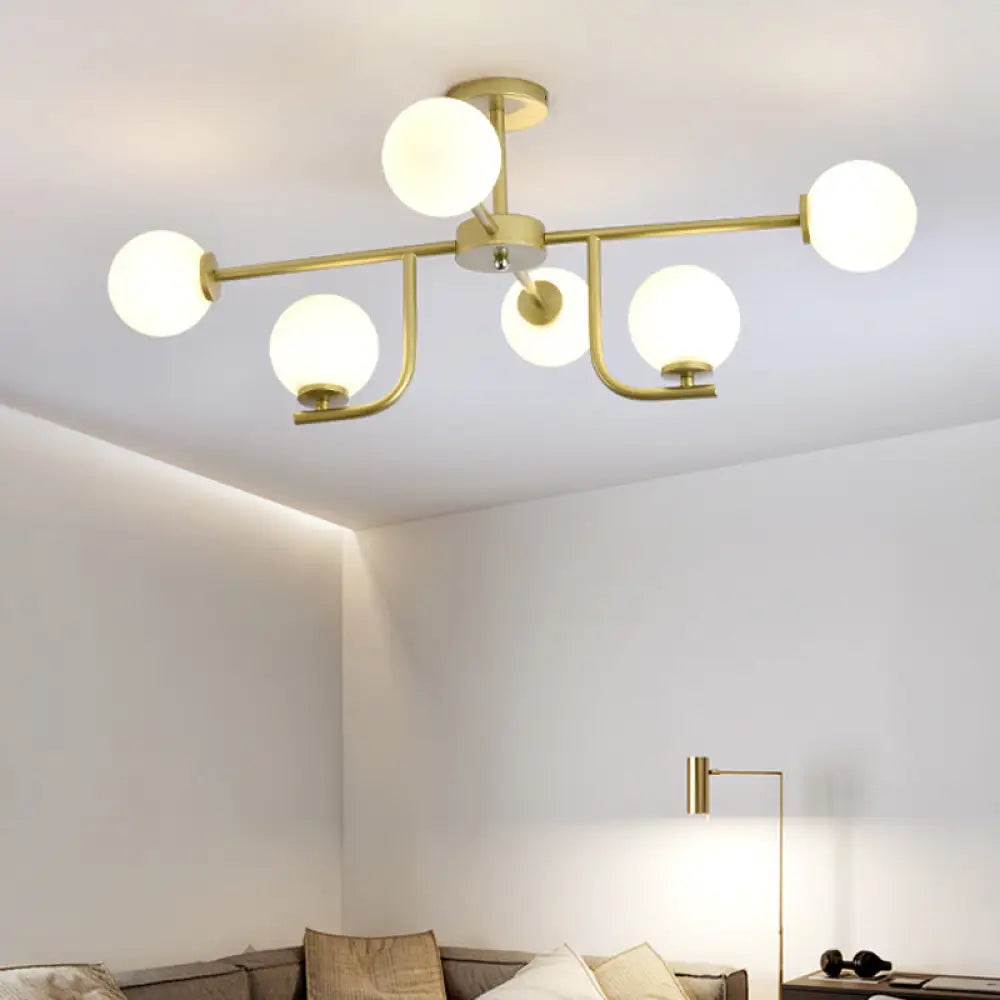 Modern White Glass Semi Flush Mount Ceiling Fixture With Gold Accents - 6 Bulbs