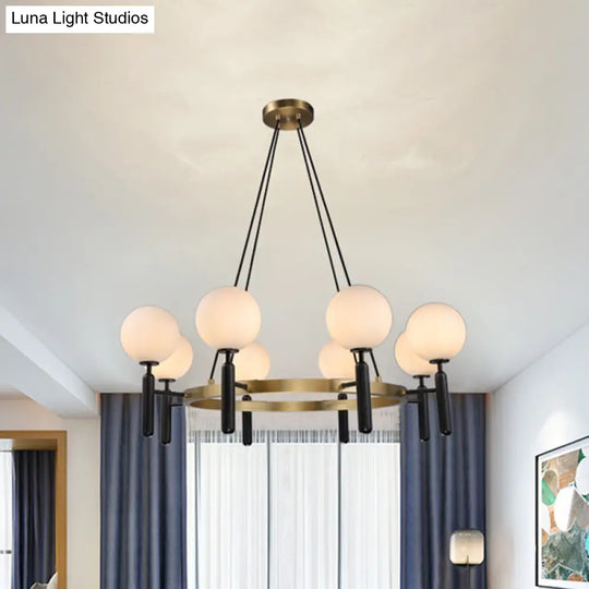 Modern White Glass Sphere Chandelier With Circular Design - 8 Lights Black Hanging Fixture