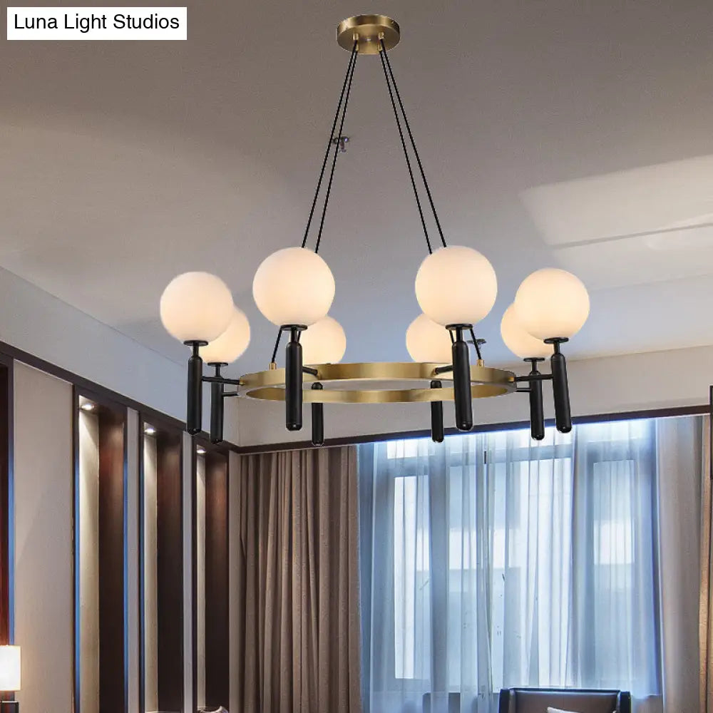 Modern White Glass Sphere Chandelier With Circular Design - 8 Lights Black Hanging Fixture