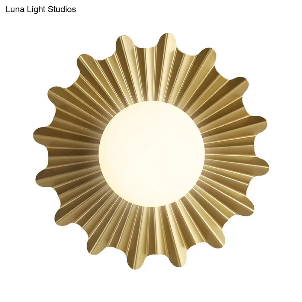 Modern White Glass Sphere Wall Light With Brass Scalloped Backplate - 1 Head