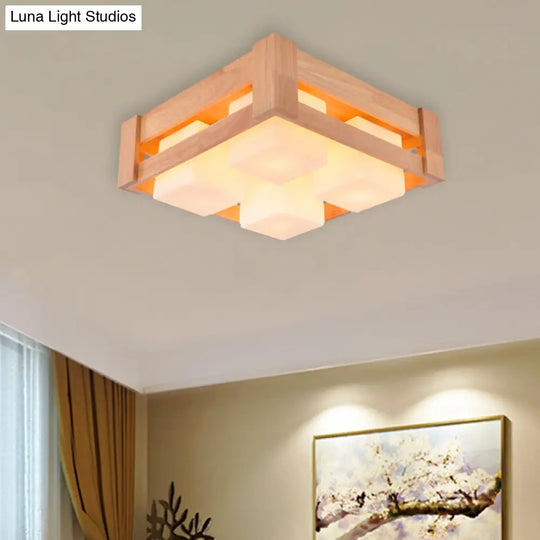 Modern White Glass Square Flushmount Led Lamp With Wood Accents For Living Room