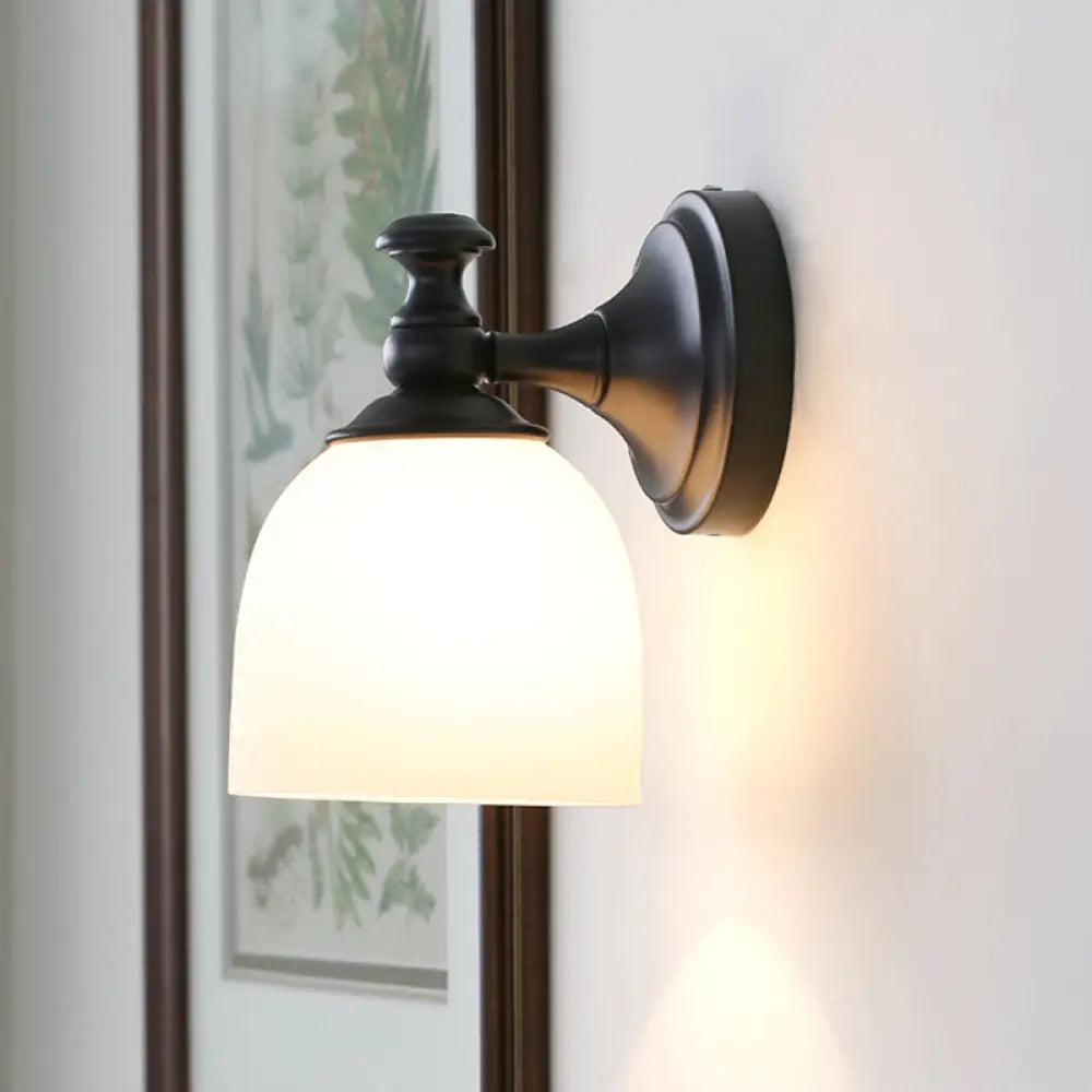 Modern White Glass Wall Sconce Light With Black Domed Shade - Ideal For Living Room Lighting