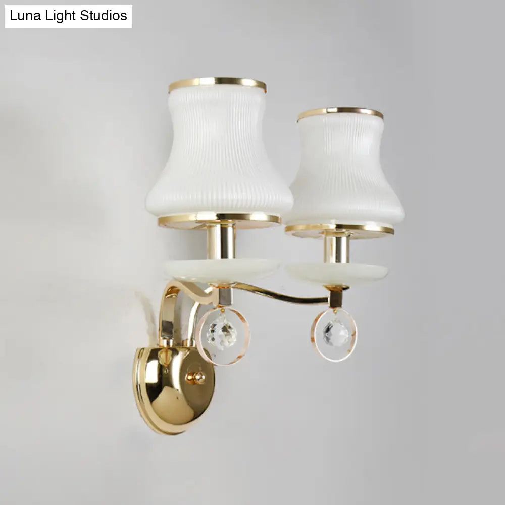 Modern White Glass Wall Sconce With Gold Metal Arm & 2 Bulbs