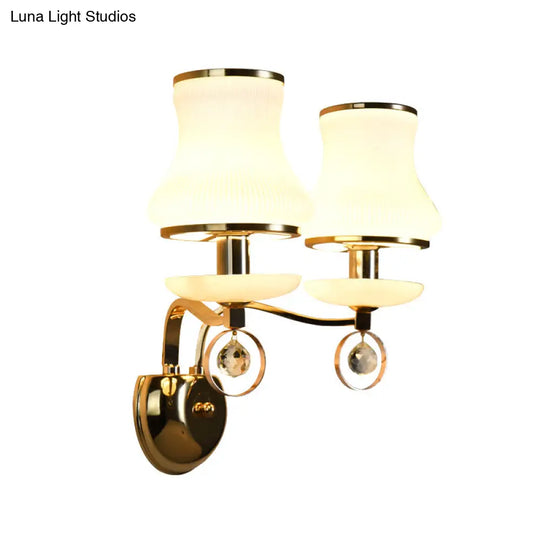 Modern White Glass Wall Sconce With Gold Metal Arm & 2 Bulbs