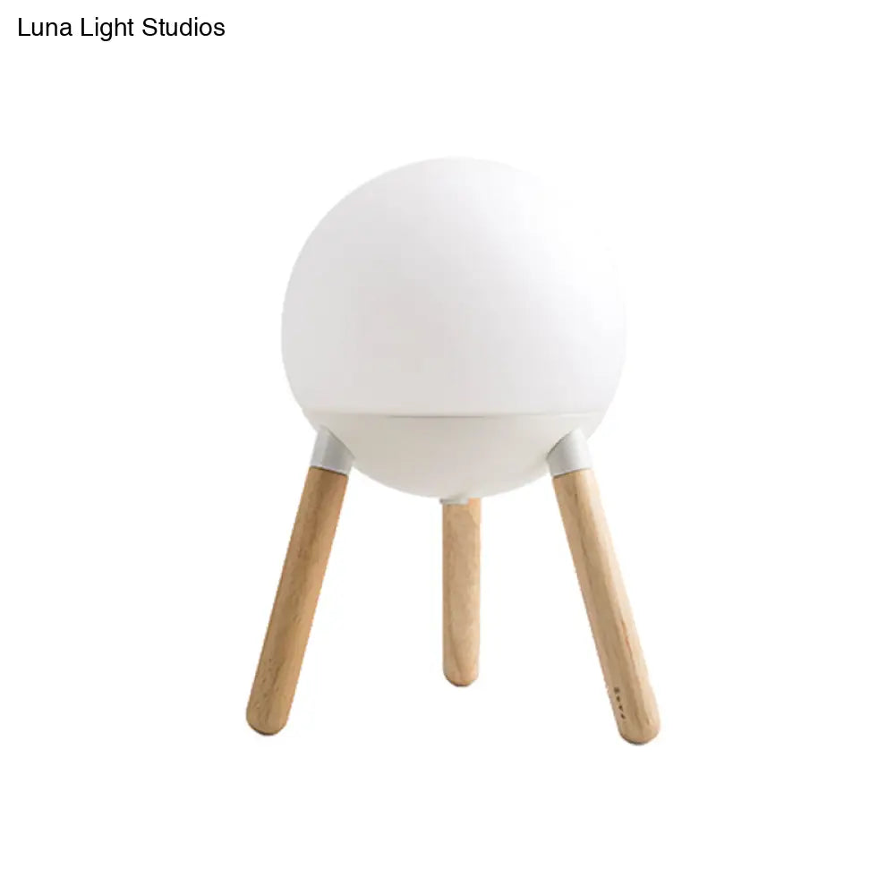 Modern White Globe Cream Glass Table Light With Tripod Wood Base