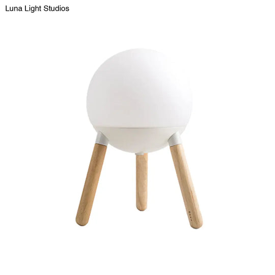 Modern White Globe Cream Glass Table Light With Tripod Wood Base