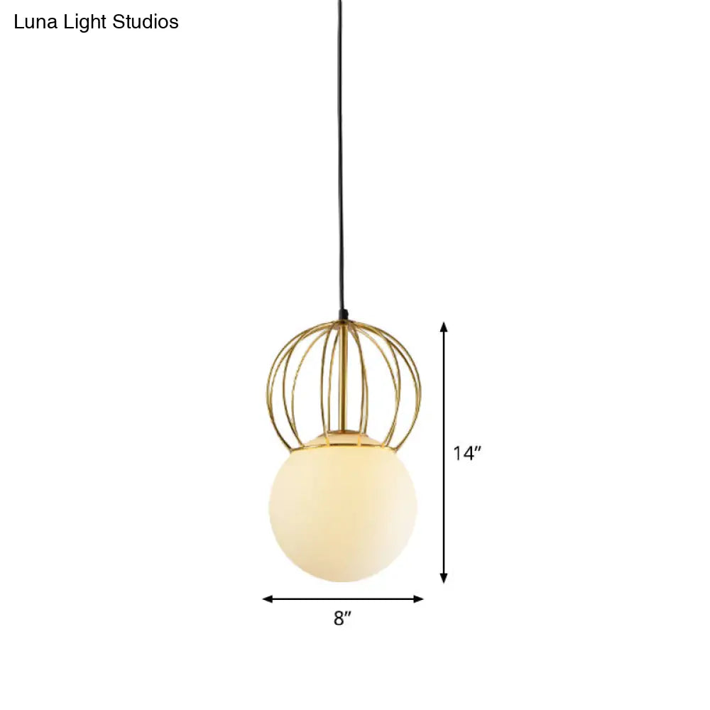 Modern White Globe Suspension Light With Melon Wire And Frosted Glass- Ideal For Bedroom