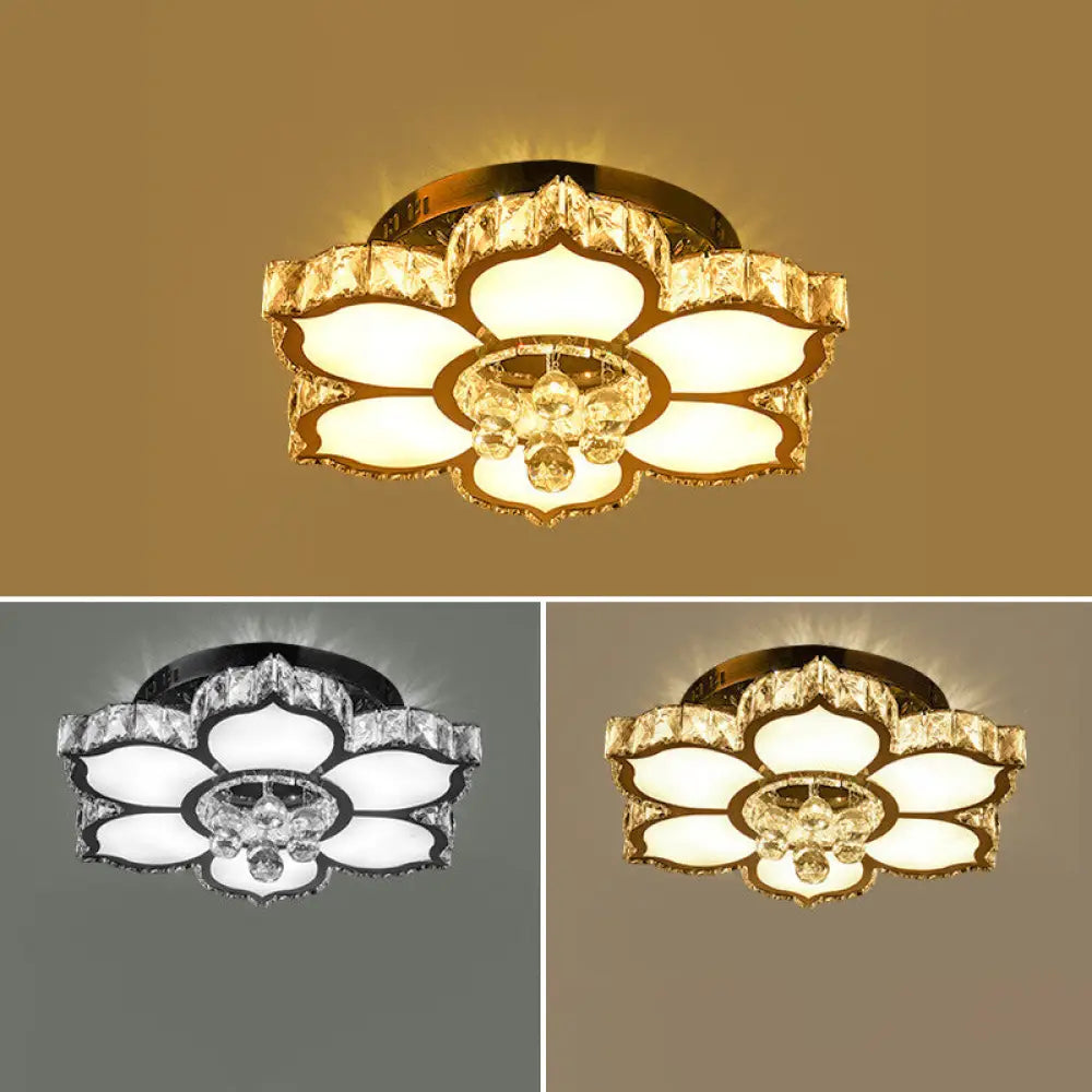 Modern White Led Crystal Flower Ceiling Light For Living Room With Flush Mount Design / 18’