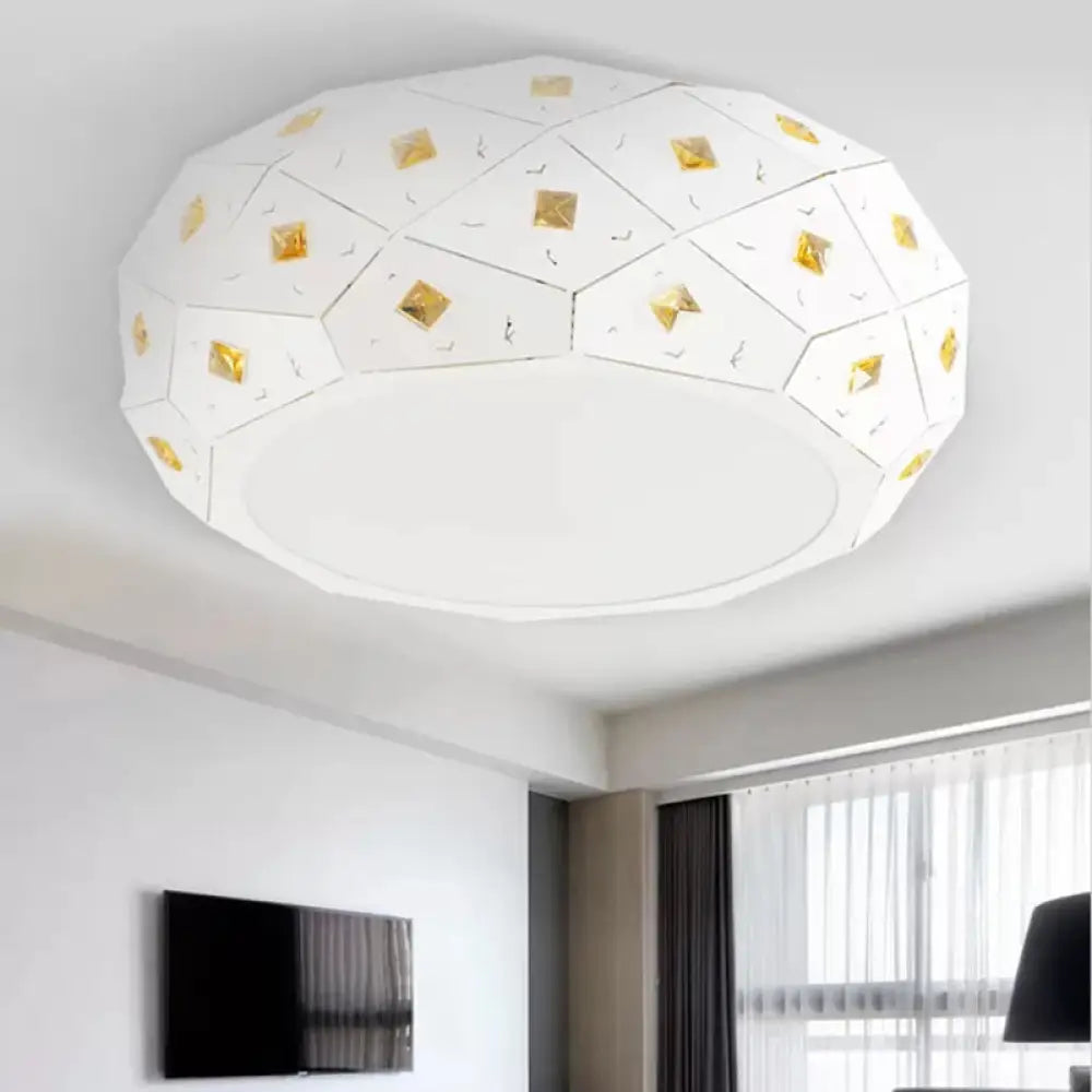 Modern White Led Flush Ceiling Light With Crystal Accent - Sleek Acrylic Drum Shape For Corridor