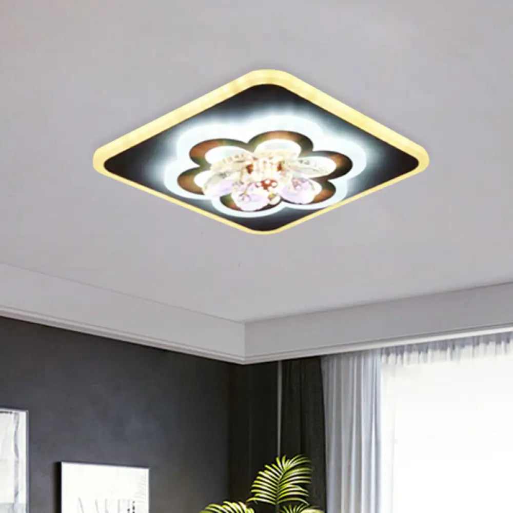 Modern White Led Flush Light With Crystal Accent - Contemporary Floral Design