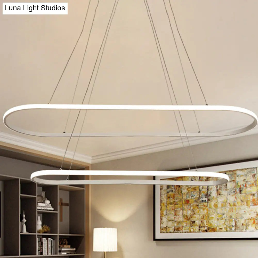 Modern White Led Pendant Light Fixture - Oval Kitchen Chandelier With Aluminum Frame And