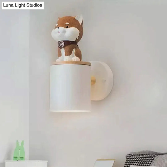 Modern White Metal Cylindrical Wall Light With Doggy Child Bedroom Sconce