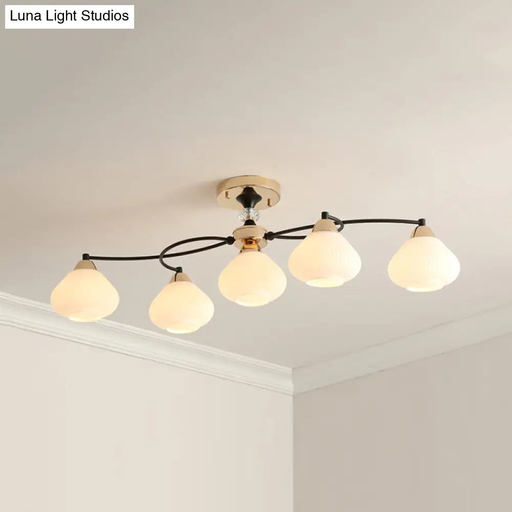 Modern White Milk Glass Ceiling Fixture With 5 Lights For Dining Room
