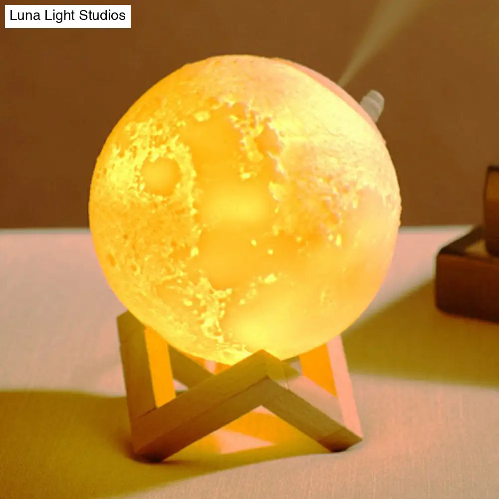 Modern White Moon Led Night Light Humidifier With Wooden Stand - Table