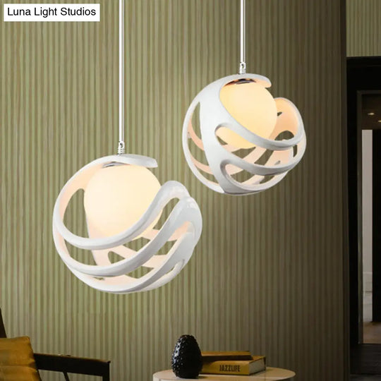 Modern Resin Curled Cage Pendant Light - White Ceiling Lamp With Milk Glass Shade