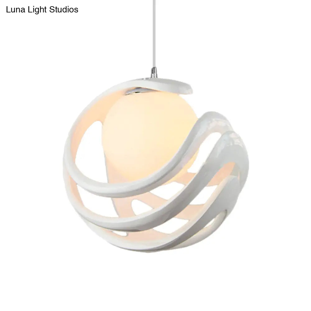 Modern Resin Curled Cage Pendant Light - White Ceiling Lamp With Milk Glass Shade