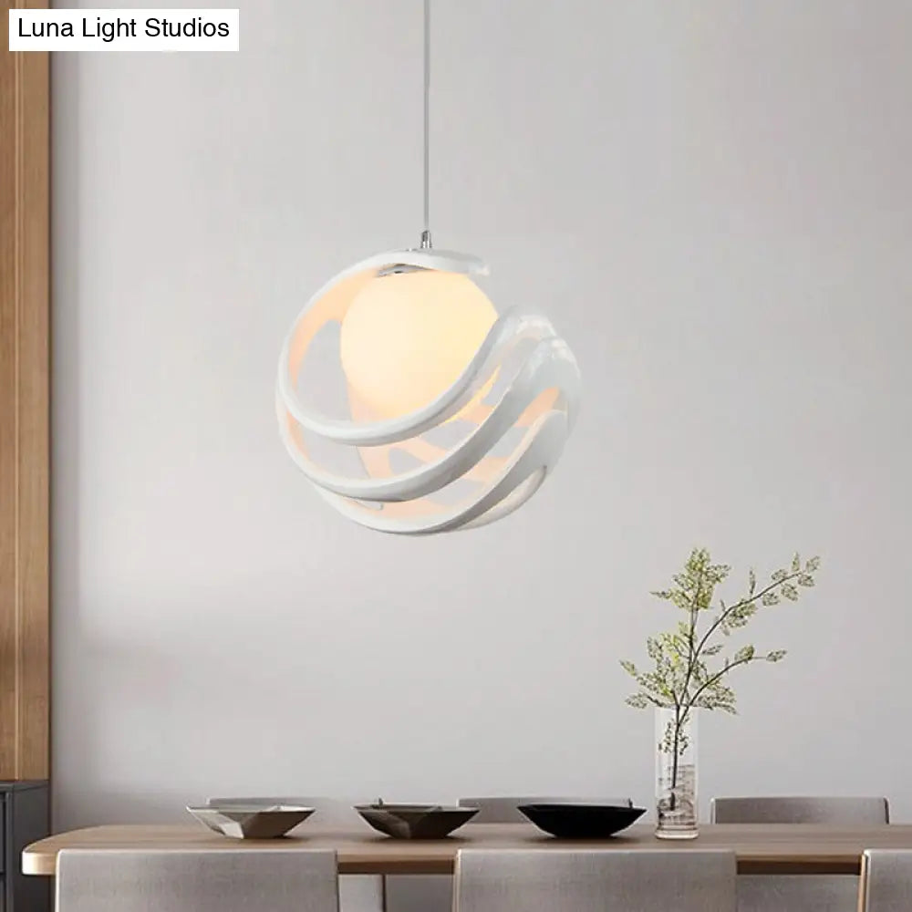 Modern White Pendant Light With Resin Curled Cage And Orb Milk Glass Shade - 1 Bulb Ceiling Lamp