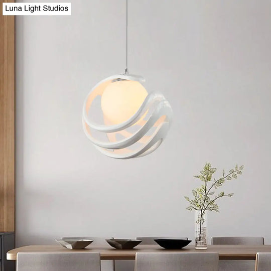 Modern White Pendant Light With Resin Curled Cage And Orb Milk Glass Shade - 1 Bulb Ceiling Lamp