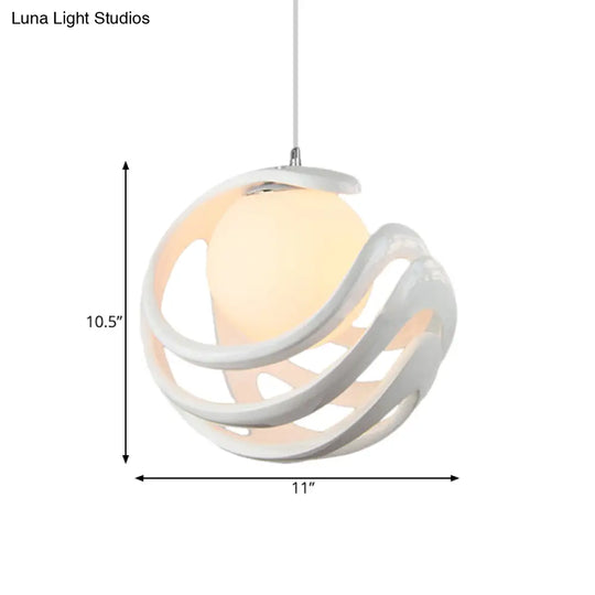 Modern White Pendant Light With Resin Curled Cage And Orb Milk Glass Shade - 1 Bulb Ceiling Lamp