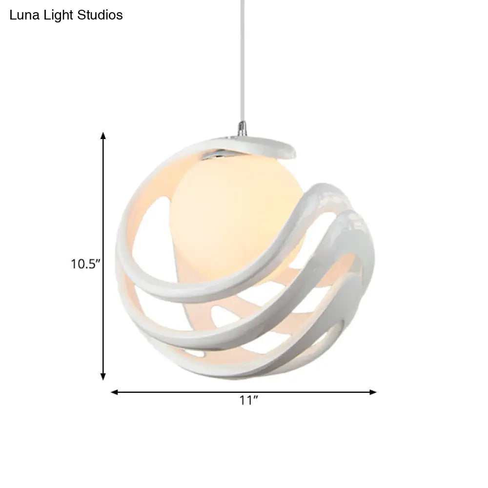 Modern Resin Curled Cage Pendant Light - White Ceiling Lamp With Milk Glass Shade