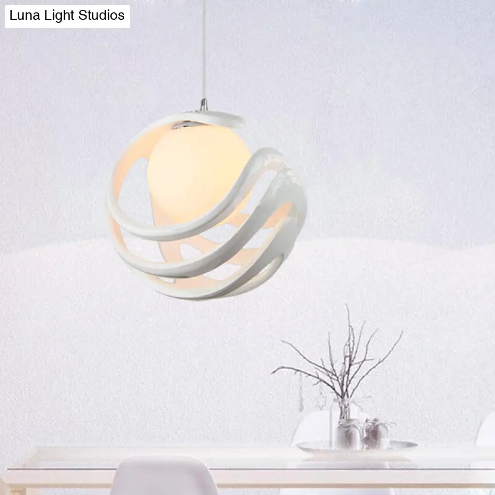 Modern Resin Curled Cage Pendant Light - White Ceiling Lamp With Milk Glass Shade