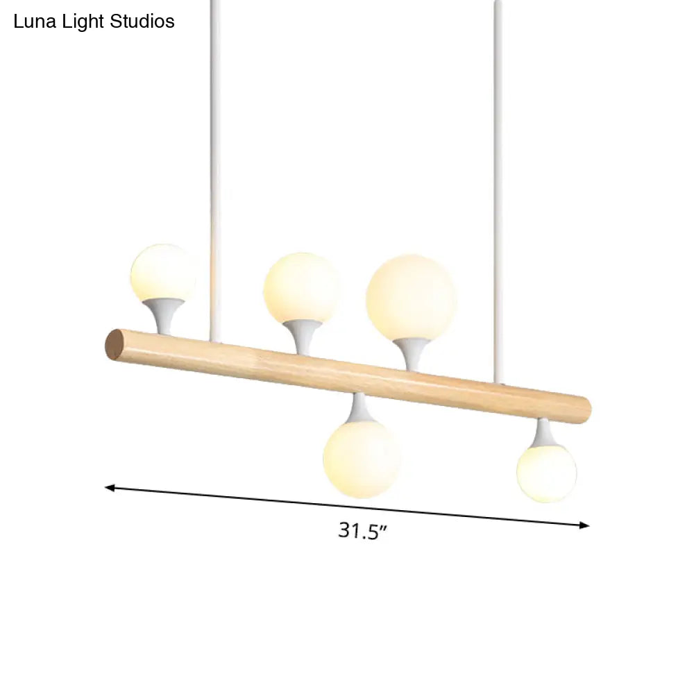 Modern White Pipe Island Light - Wood Suspended Fixture With 5 Heads For Dining Room