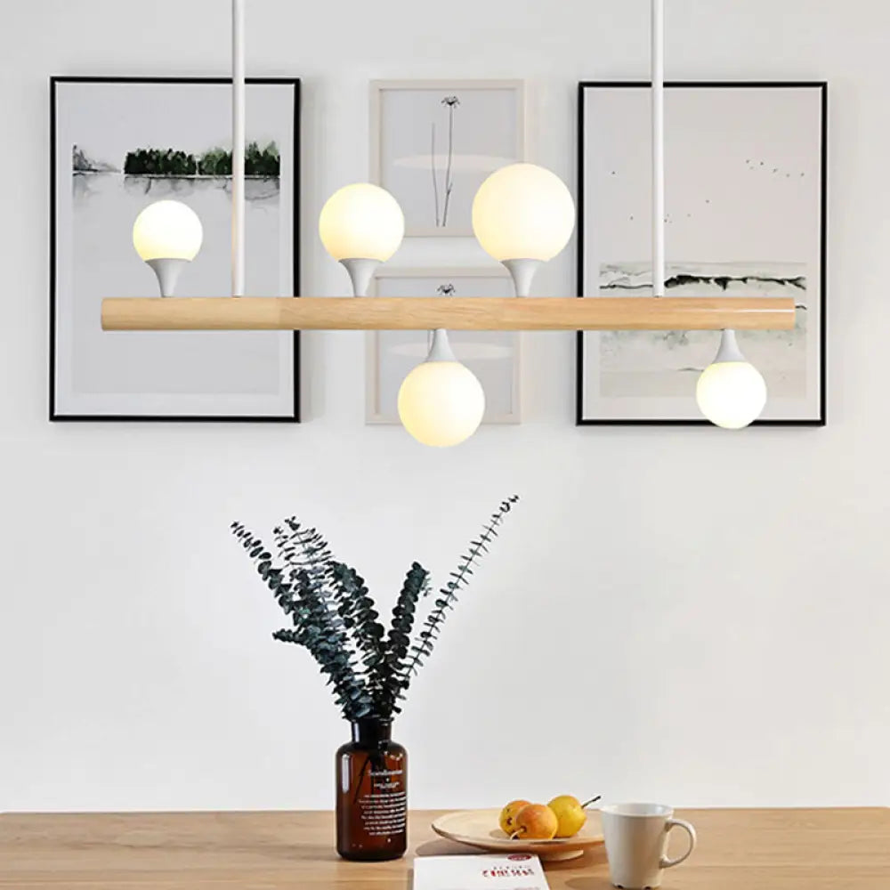 Modern White Pipe Island Light - Wood Suspended Fixture With 5 Heads For Dining Room