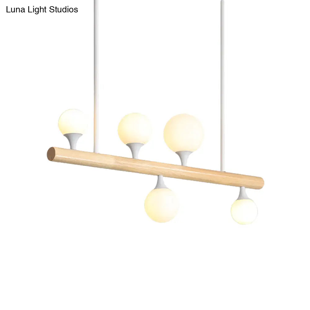 Modern White Pipe Island Light - Wood Suspended Fixture With 5 Heads For Dining Room