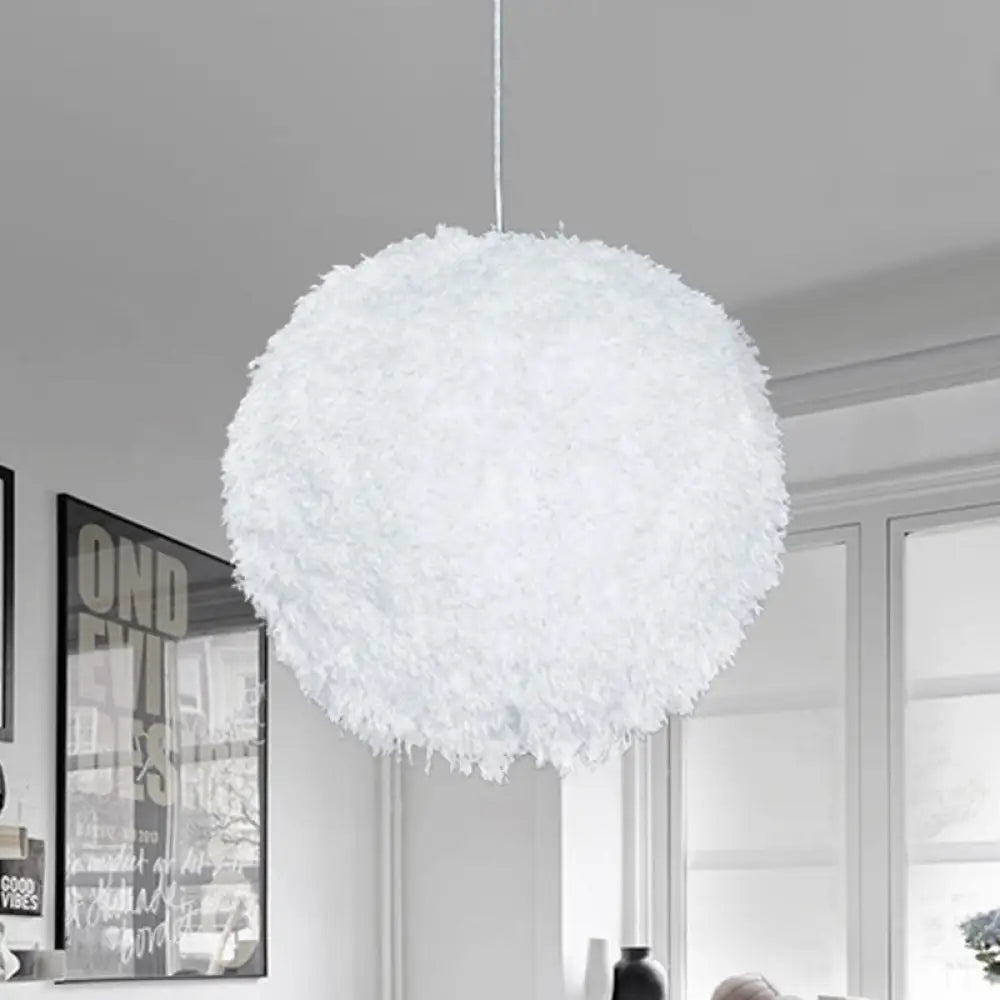 Modern White Plush Globe Hanging Lamp - 1 Head Fabric Suspension Lighting For Bedroom’