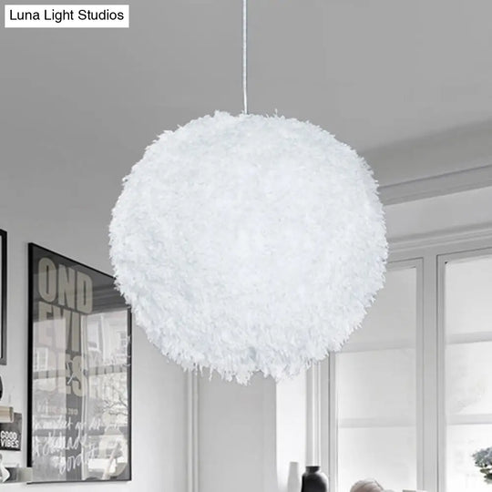 White Plush Globe Hanging Lamp - Modern 1 Head Fabric Suspension Lighting For Bedroom 8/12 Dia / 8