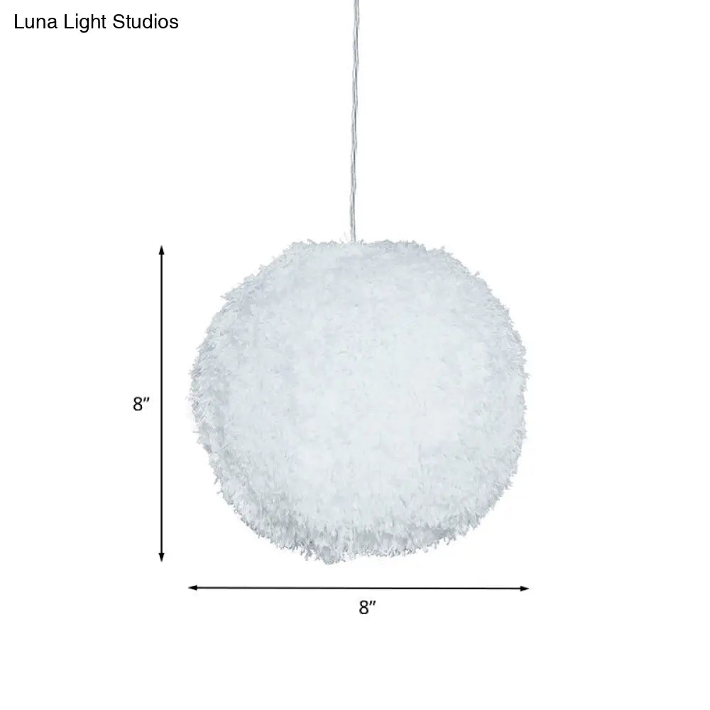 White Plush Globe Hanging Lamp - Modern 1 Head Fabric Suspension Lighting For Bedroom 8/12 Dia