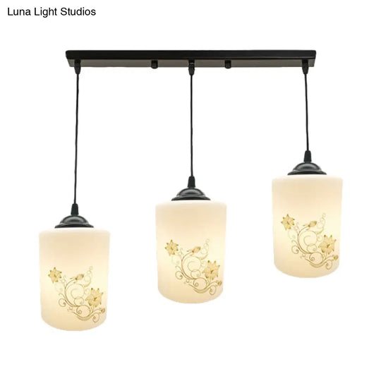 Modern White Printed Glass 3-Head Black Hanging Pendant - Cylinder Dining Room Multi Ceiling Light