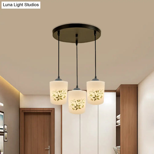 Modern White Printed Glass 3-Head Black Hanging Pendant - Cylinder Dining Room Multi Ceiling Light