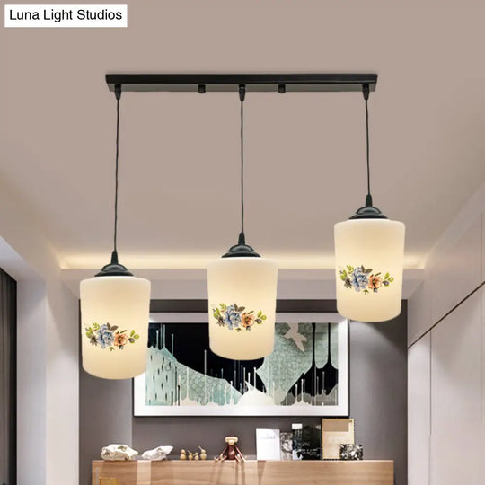 Modern White Printed Glass 3-Head Black Hanging Pendant - Cylinder Dining Room Multi Ceiling Light