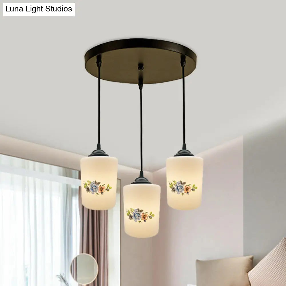 Modern White Printed Glass 3-Head Black Hanging Pendant - Cylinder Dining Room Multi Ceiling Light