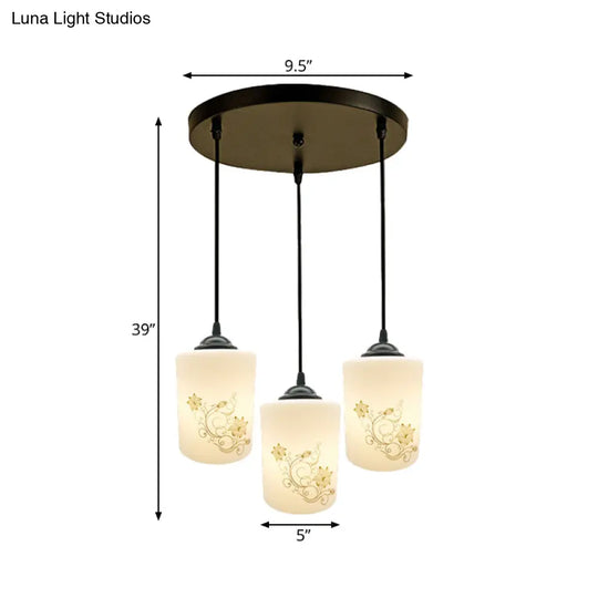 Modern White Printed Glass 3-Head Black Hanging Pendant - Cylinder Dining Room Multi Ceiling Light