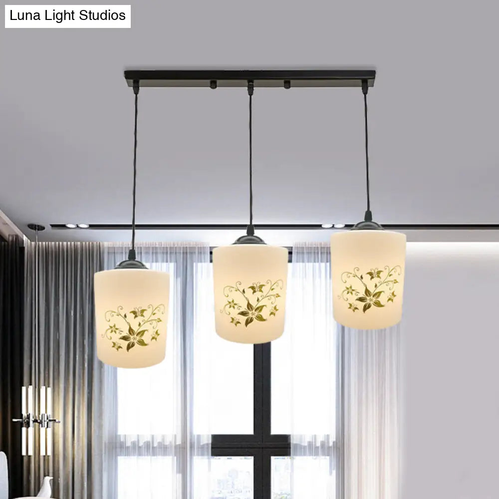 Modern White Printed Glass 3-Head Black Hanging Pendant - Cylinder Dining Room Multi Ceiling Light