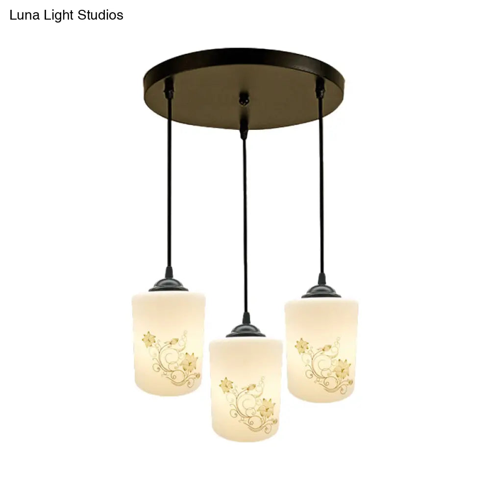 Modern White Printed Glass 3-Head Black Hanging Pendant - Cylinder Dining Room Multi Ceiling Light