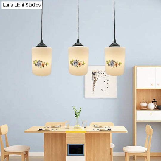 Modern White Printed Glass 3-Head Black Hanging Pendant - Cylinder Dining Room Multi Ceiling Light