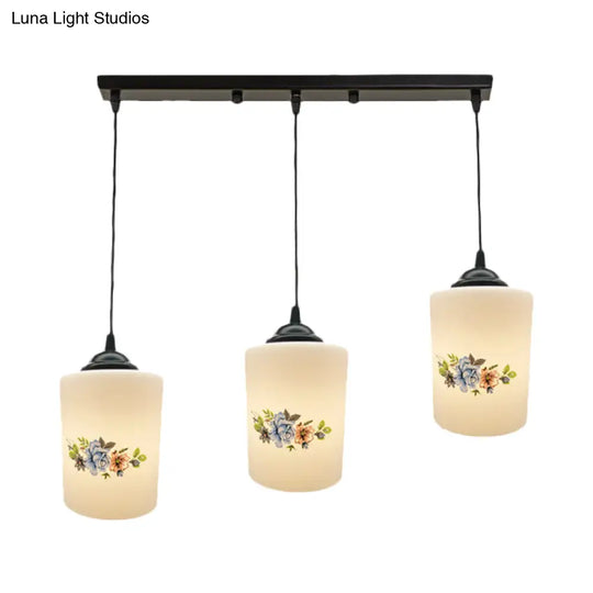 Modern White Printed Glass 3-Head Black Hanging Pendant - Cylinder Dining Room Multi Ceiling Light