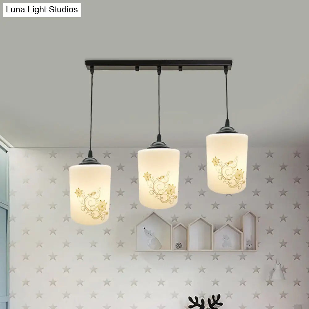 Modern White Printed Glass 3-Head Black Hanging Pendant - Cylinder Dining Room Multi Ceiling Light