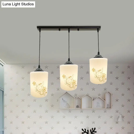 Modern White Printed Glass 3-Head Black Hanging Pendant - Cylinder Dining Room Multi Ceiling Light