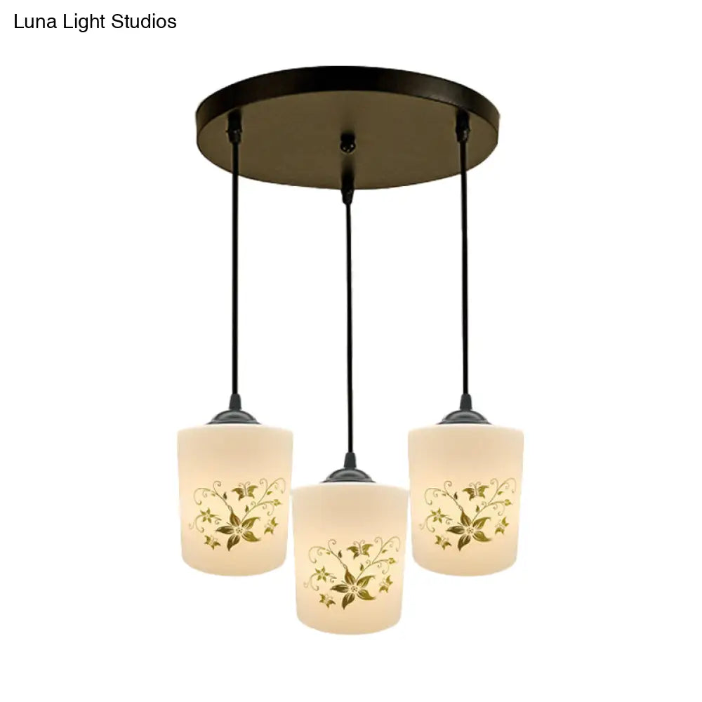 Modern White Printed Glass 3-Head Black Hanging Pendant - Cylinder Dining Room Multi Ceiling Light