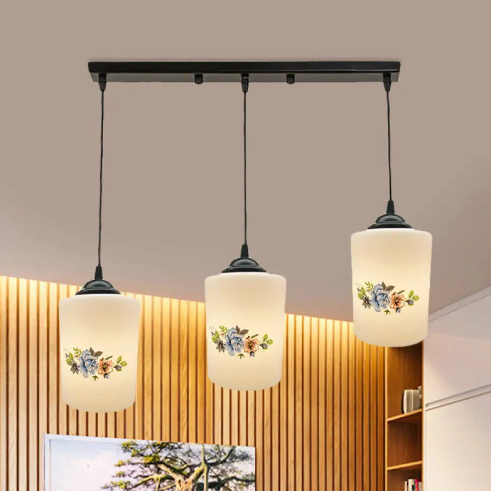 Modern White Printed Glass 3-Head Black Hanging Pendant - Cylinder Dining Room Multi Ceiling Light