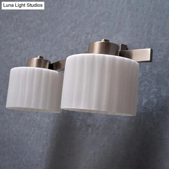 Modern White Ribbed Glass Nickel Sconce Light Fixture - 2-Head Wall Mounted Lamp