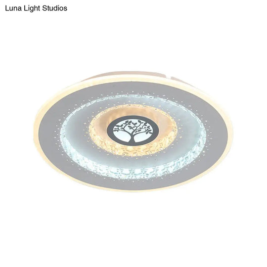 Modern White Round Crystal Led Ceiling Light With Tree Pattern - Flushmount Lighting In White/Warm
