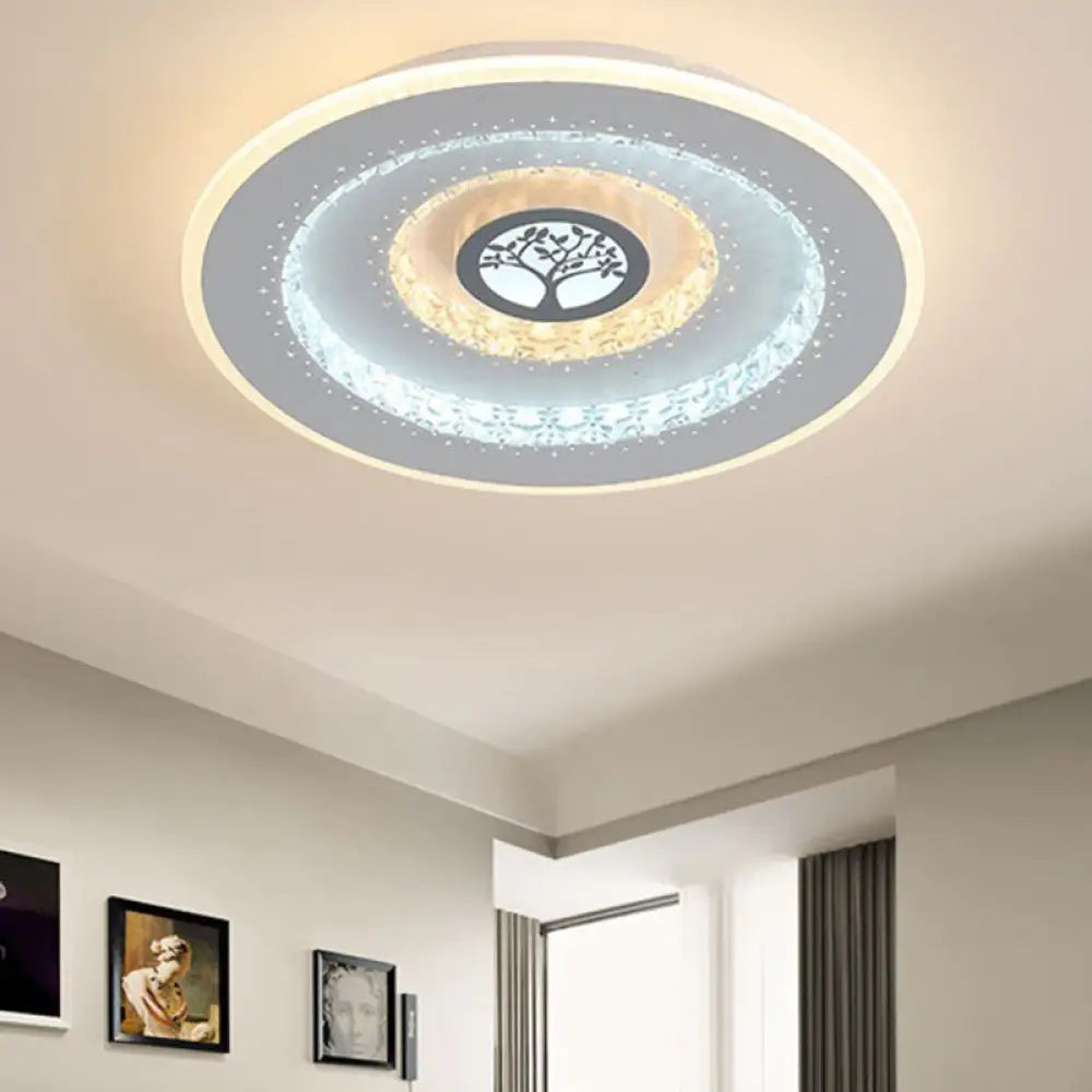 Modern White Round Crystal Led Ceiling Light With Tree Pattern - Flushmount Lighting In White/Warm