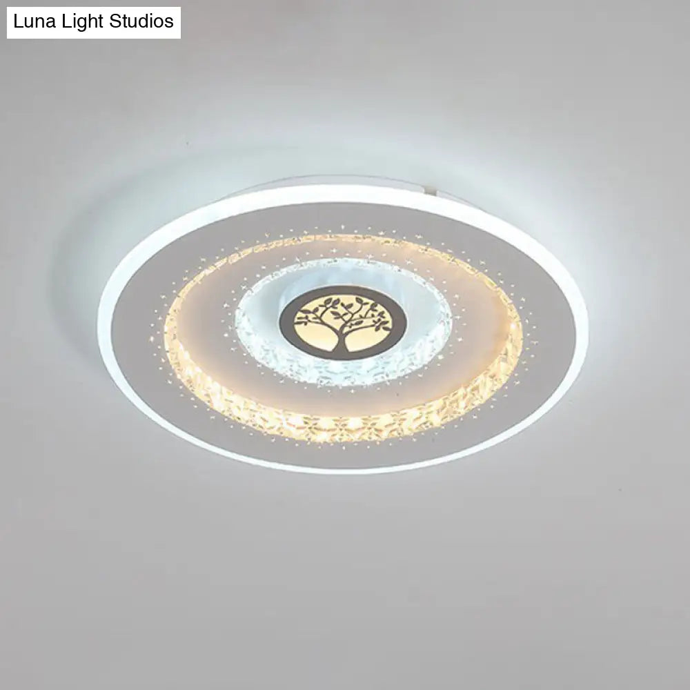 Modern White Round Crystal Led Ceiling Light With Tree Pattern - Flushmount Lighting In White/Warm /