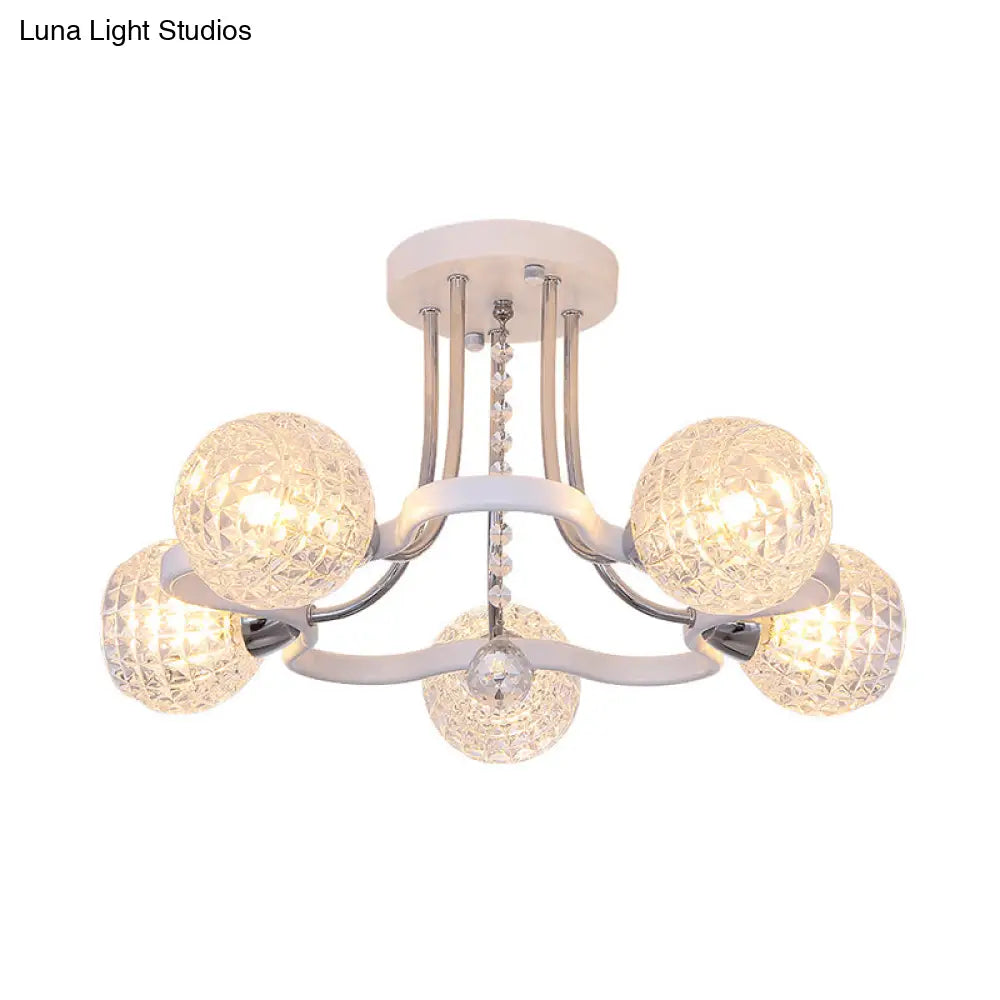 Modern White Semi-Flush Mount Ceiling Light With Lattice Glass Crystal Drop And 3/5 Lights